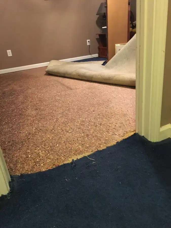 Carpet pad removal revealing water damage during Drying & Dehumidification in Villas